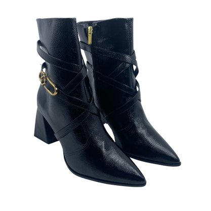 Bota Bebecê Verniz Salto Bloco Bico Fino Preta 4338297