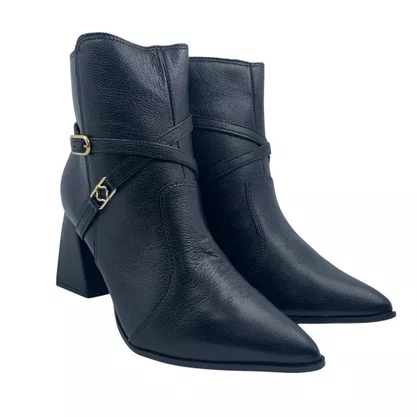 Bota Couro Bebecê Preta Bico Fino Salto Bloco 4342062