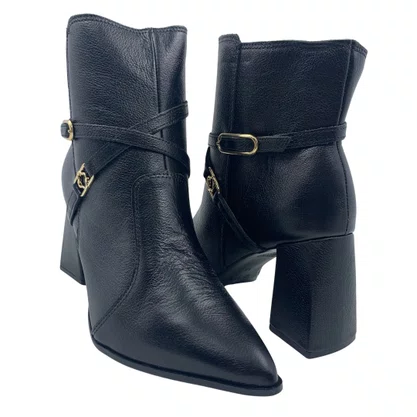 Bota Couro Bebecê Preta Bico Fino Salto Bloco 4342062