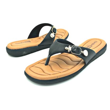 Chinelo Comfortflex Tiras Largas Preto Pedras 2180303
