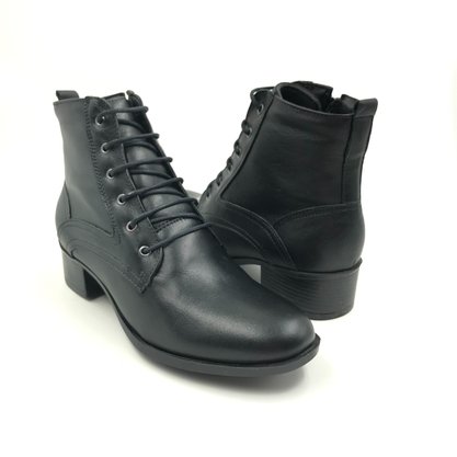 Coturno Comfort Plus Couro Salto Baixo Preto 2916