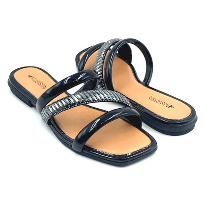 Rasteira Mississipi Preta Verniz com Strass 8841