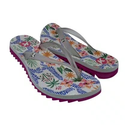 Sandália Feminina Kenner Ibiza Pro Flores Rosa e Bege