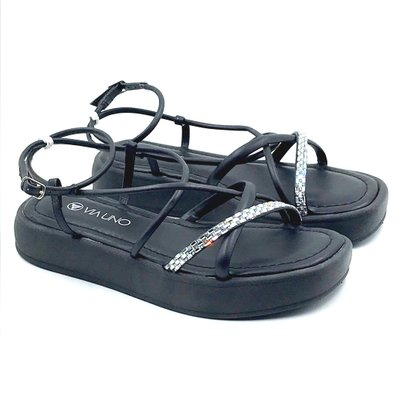 Sandália Via Uno Flat Form Preta com Strass 791003