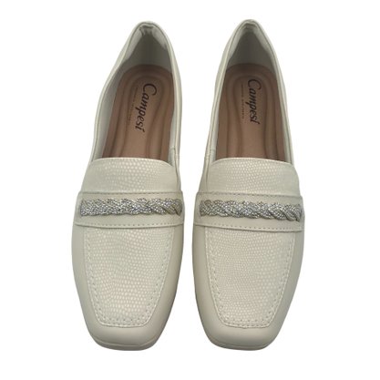 Sapato Campesí Mocassim com Brilho Off White 9167