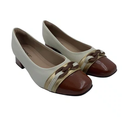 Sapato Piccadilly Salto Bloco Bege com Marrom 160099