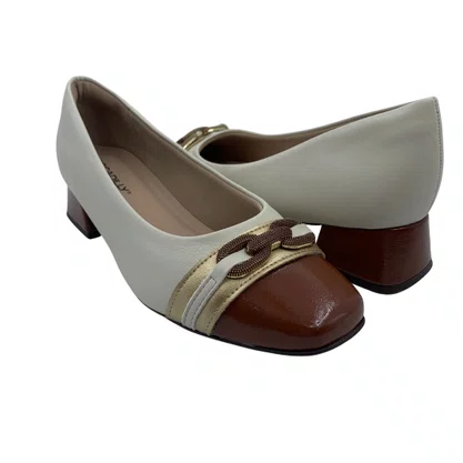 Sapato Piccadilly Salto Bloco Bege com Marrom 160099