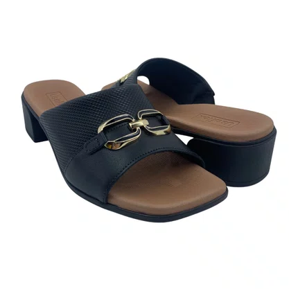 Tamanco Couro Conforto com Enfeite Usaflex Preto 27001