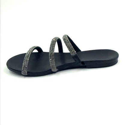 Tamanco La Femme Rasteira Anatômico Preto Cristais 34095.