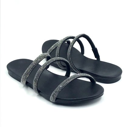 Tamanco La Femme Rasteira Anatômico Preto Cristais 34095.