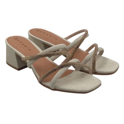 Tamanco Ramarim Salto Baixo Jeans Nude Strass 2330202