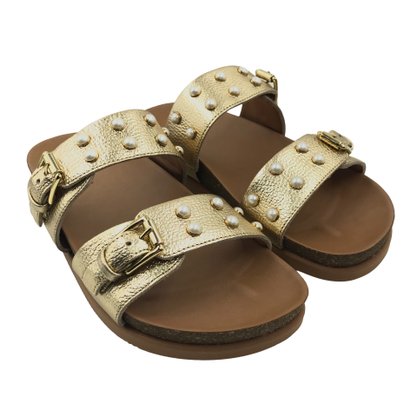 Tamanco Usaflex Papete Couro Dourado com Pérolas 3106