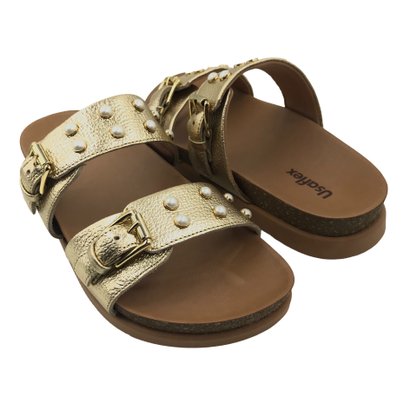 Tamanco Usaflex Papete Couro Dourado com Pérolas 3106