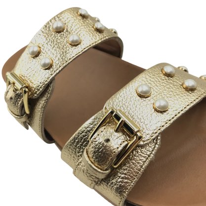 Tamanco Usaflex Papete Couro Dourado com Pérolas 3106