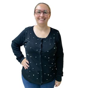 Cardigã Alpelo Feminina Plus com Pérolas Preta 9100019