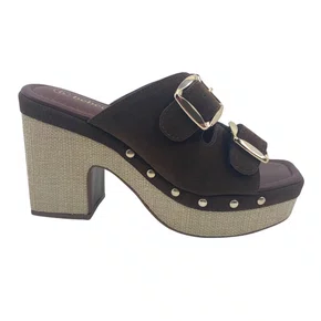 Tamanco Camurça Salto Alto Fivelas Bebecê Marrom 5110129